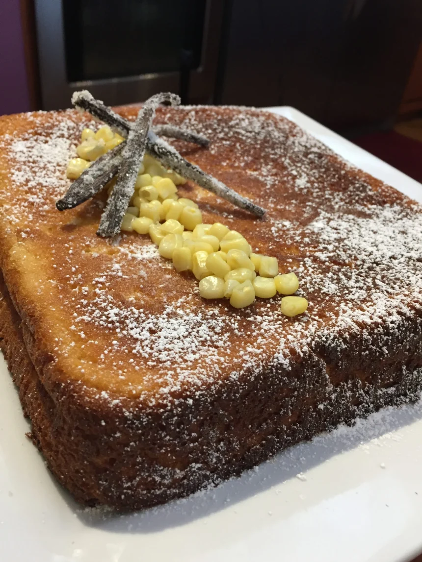 Porción de pan de elote decorado con granos de elote y azúcar glass, acompañado de salsa de rompope