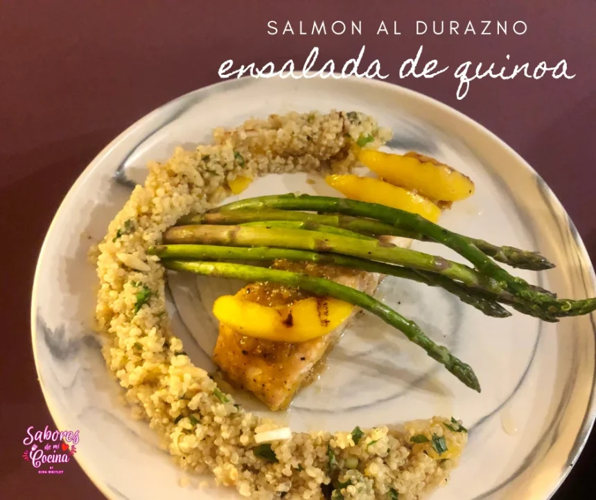 Salmón al durazno, con ensalada de quinoa y espárragos salteados