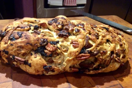 Rebanadas de pan de dátil, ciruela pasa y nuez con queso crema