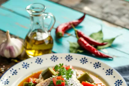 Pescado a la veracruzana servido en un platillo con salsa de jitomate y aceitunas