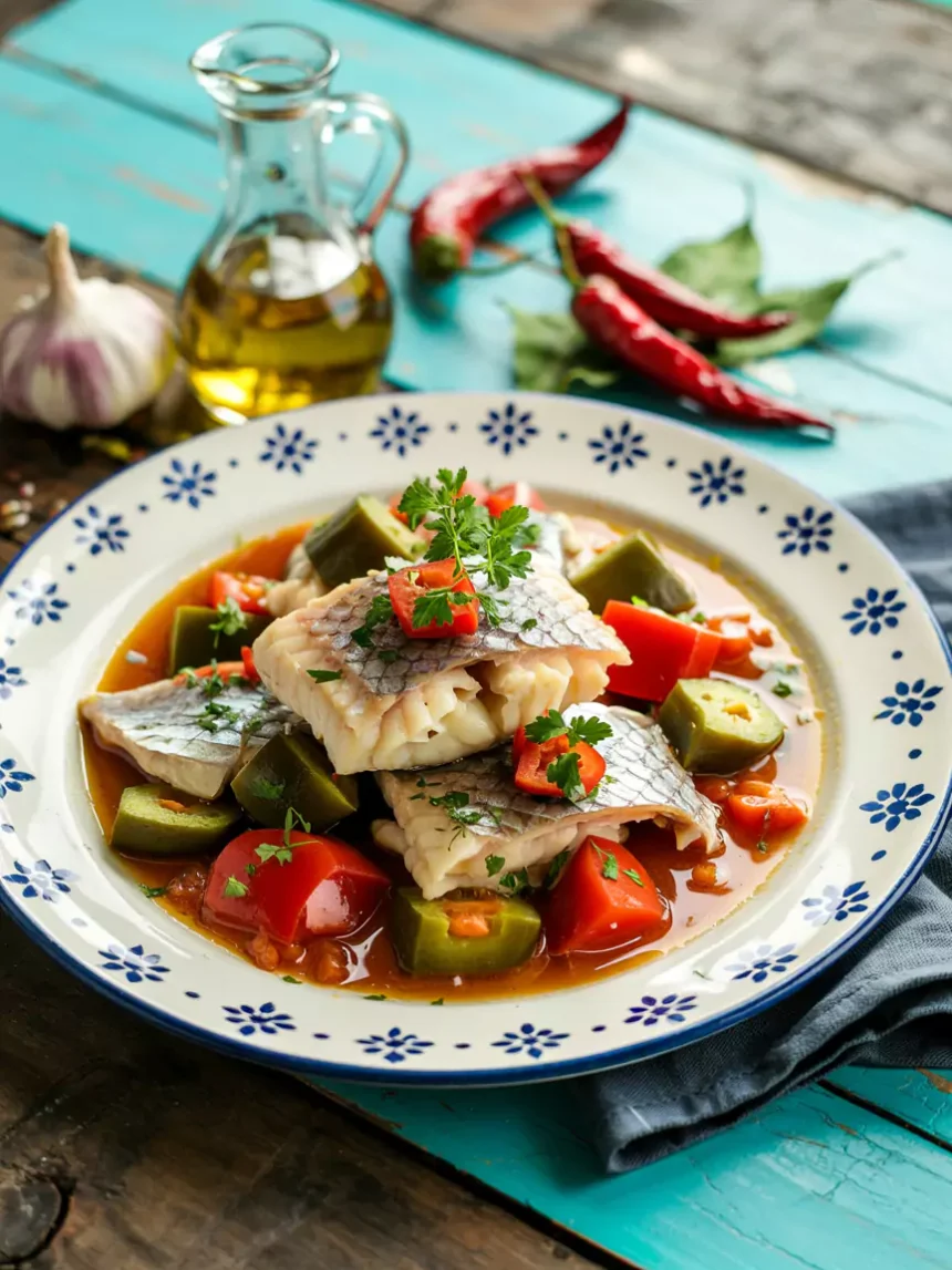 Pescado a la veracruzana servido en un platillo con salsa de jitomate y aceitunas