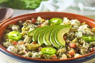 Quelites guisados con nopales y queso fresco en un sartén