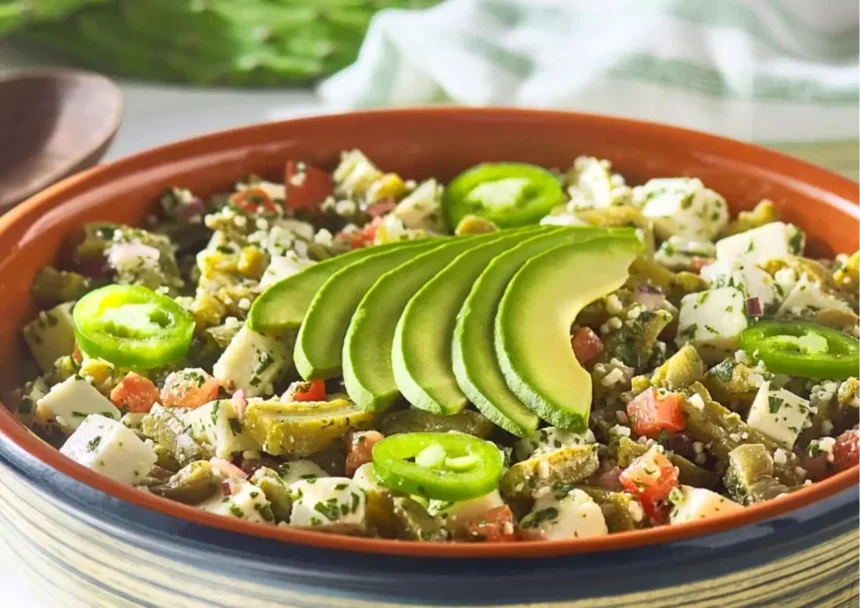 Quelites guisados con nopales y queso fresco en un sartén