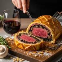 Beef Wellington 21 Beef Wellington en tabla rústica con centro rosado y hojaldre dorado, ingredientes visibles al rededor