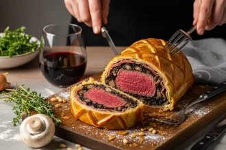 Beef Wellington en tabla rústica con centro rosado y hojaldre dorado, ingredientes visibles al rededor