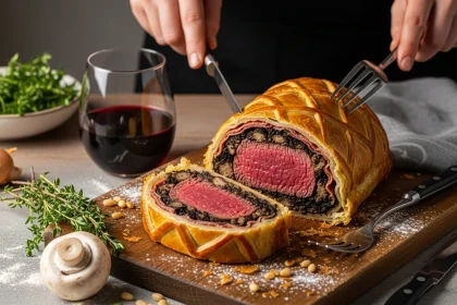 Beef Wellington 6 Beef Wellington en tabla rústica con centro rosado y hojaldre dorado, ingredientes visibles al rededor