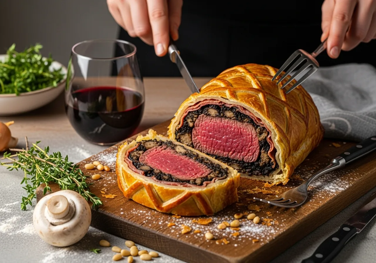 Beef Wellington en tabla rústica con centro rosado y hojaldre dorado, ingredientes visibles al rededor