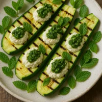 Rodajas de calabacita asada con ricotta de almendras y pesto de menta fresca.