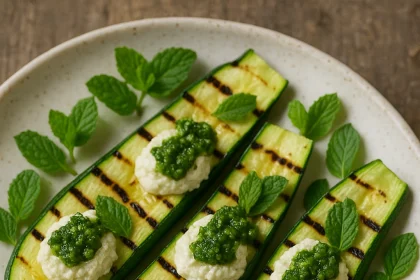 Rodajas de calabacita asada con ricotta de almendras y pesto de menta fresca.