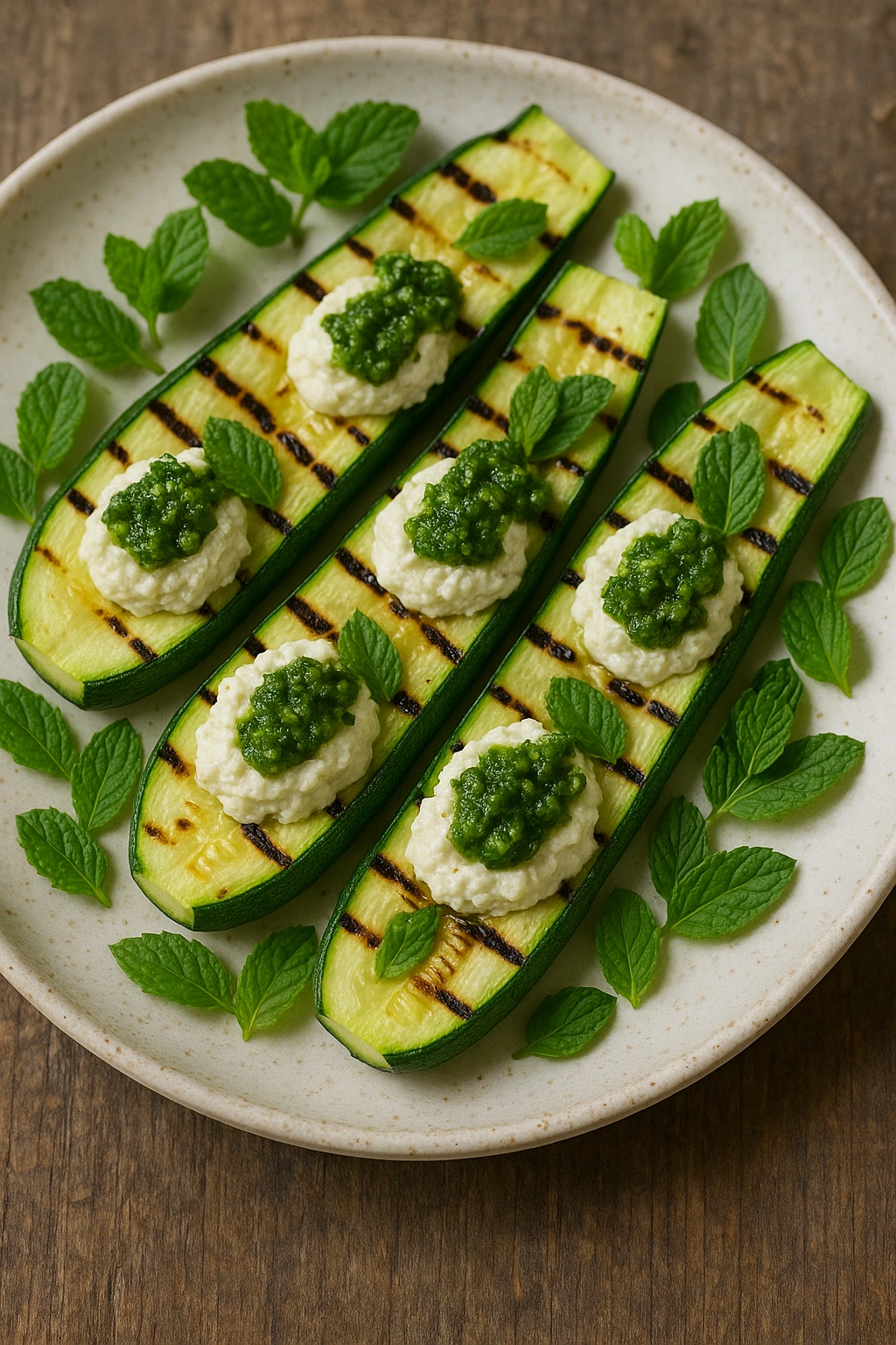 Roasted Zucchini Slices with Almond Ricotta and Fresh Mint Pesto.