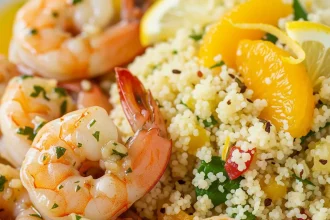 Jugosos camarones al ajillo dorados servidos sobre couscous perfumado con cítricos frescos