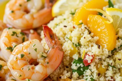 Jugosos camarones al ajillo dorados servidos sobre couscous perfumado con cítricos frescos
