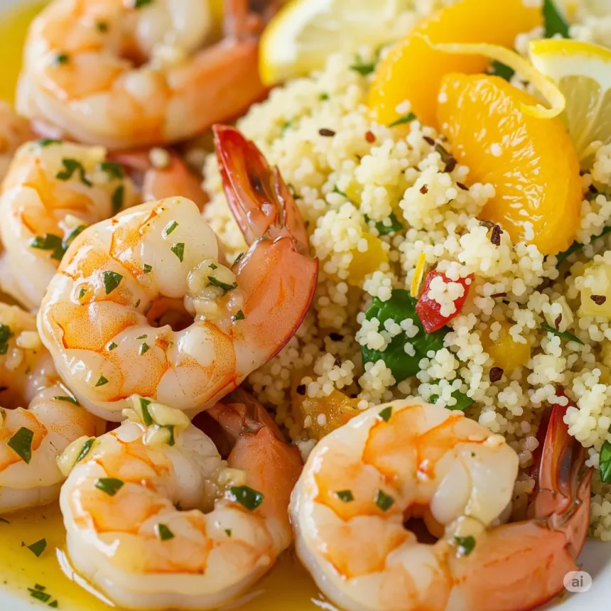 Jugosos camarones al ajillo dorados servidos sobre couscous perfumado con cítricos frescos