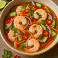 Ceviche de camarón estilo Thai servido en copas con mango y pepino