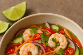 Ceviche de camarón estilo Thai servido en copas con mango y pepino