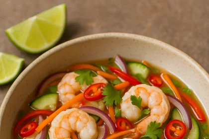 Ceviche de camarón estilo Thai servido en copas con mango y pepino