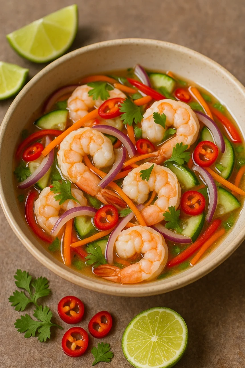 Ceviche de camarón estilo Thai servido en copas con mango y pepino