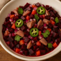 Ceviche de betabel y atún ahumado servido en plato blanco, mostrando láminas de atún rosa, cubos de betabel morado, pepino verde y cebolla morada, decorado con microgreens y marinado en limón