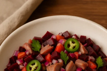 Ceviche de betabel y atún ahumado servido en plato blanco, mostrando láminas de atún rosa, cubos de betabel morado, pepino verde y cebolla morada, decorado con microgreens y marinado en limón