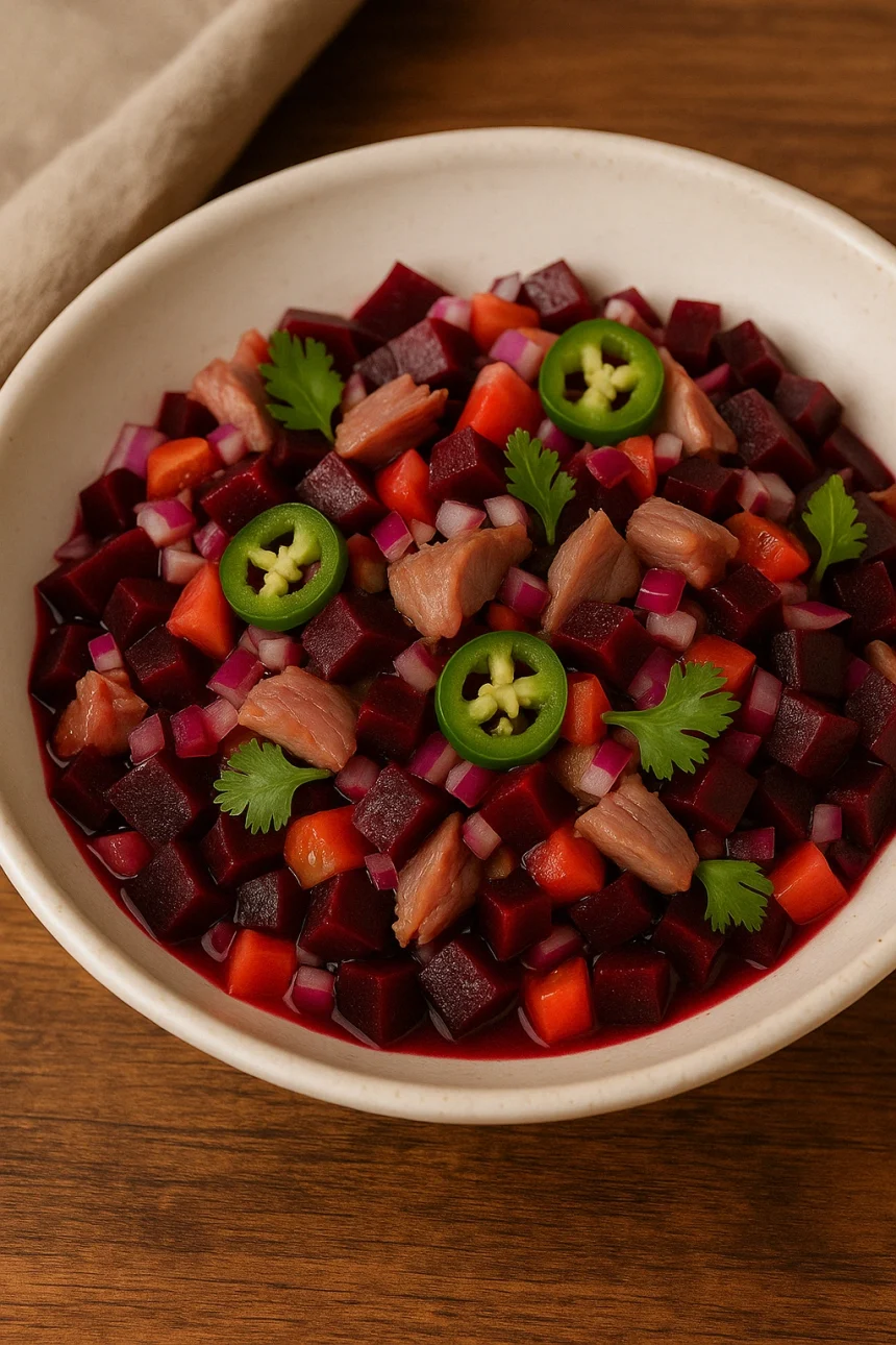 Ceviche de betabel y atún ahumado servido en plato blanco, mostrando láminas de atún rosa, cubos de betabel morado, pepino verde y cebolla morada, decorado con microgreens y marinado en limón