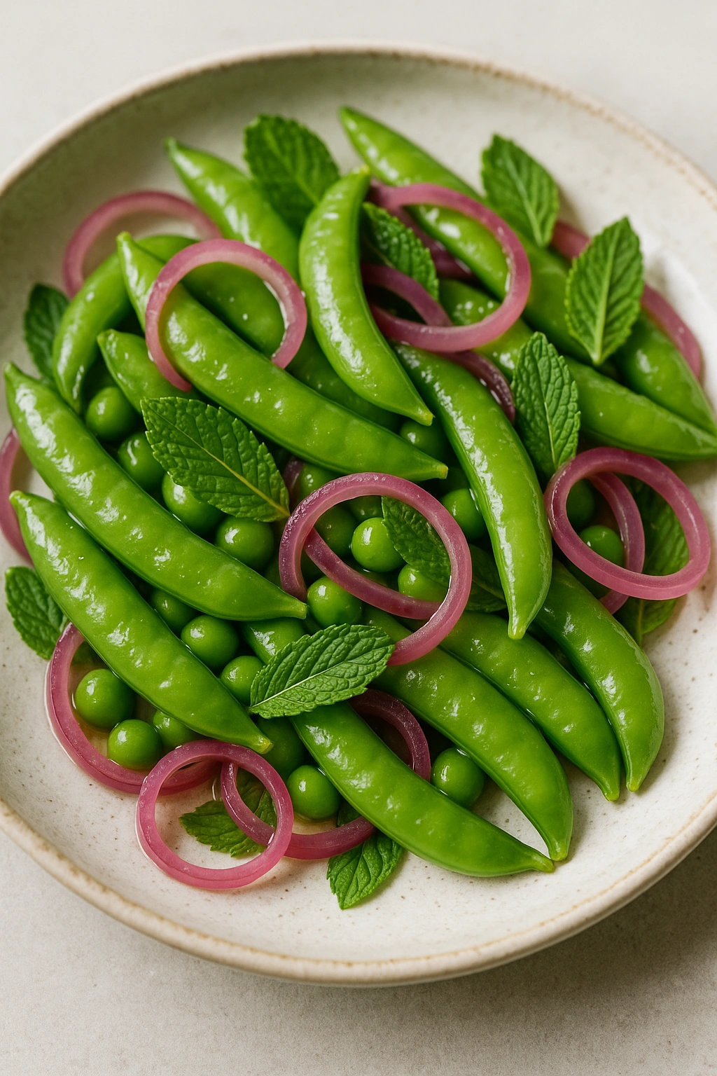 Sweet peas with fresh mint and pickled red onion