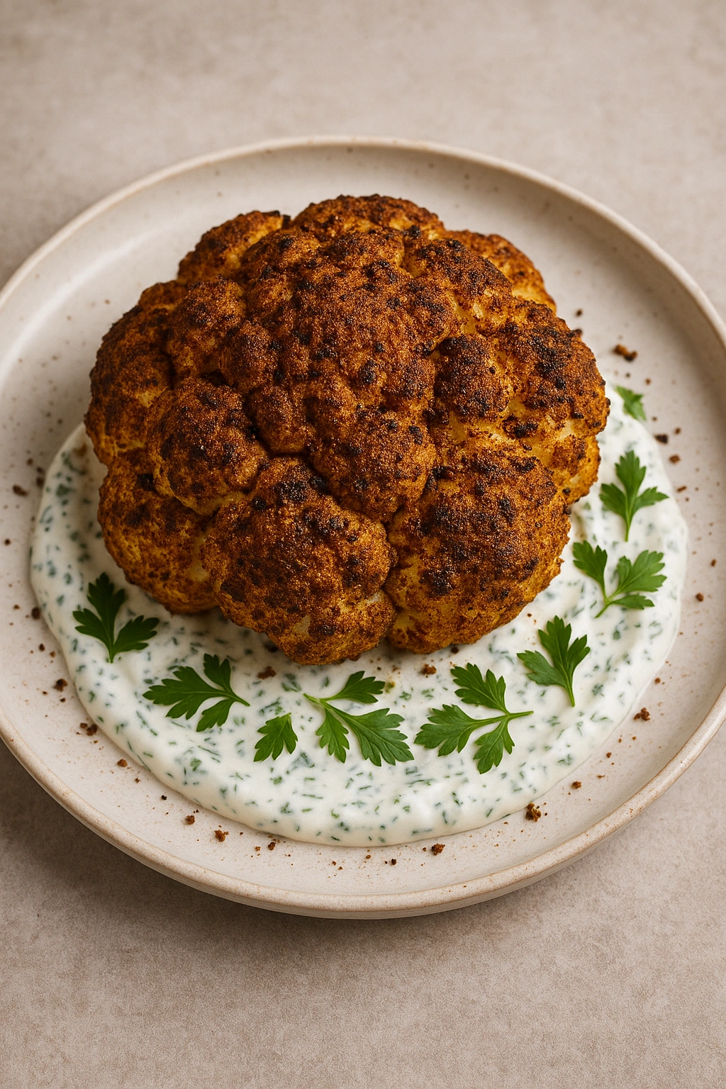 Golden roasted cauliflower covered with Moroccan spices and herb yogurt