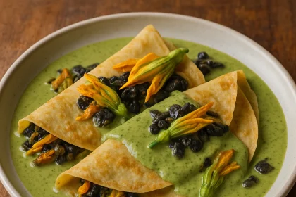 crepas de flor de calabaza y huitlacoche con salsa poblana y queso fresco