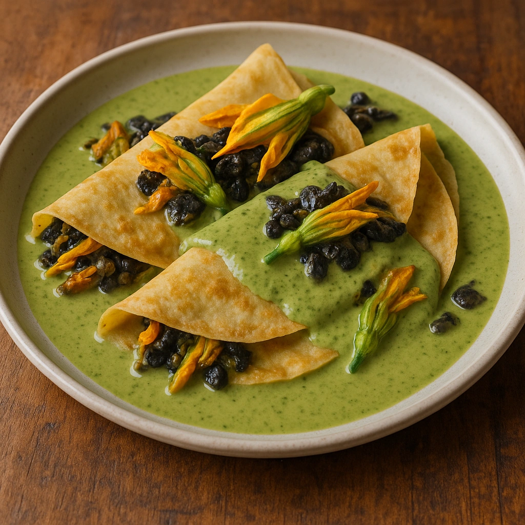 pumpkin blossom and huitlacoche crepes with poblano sauce and fresh cheese