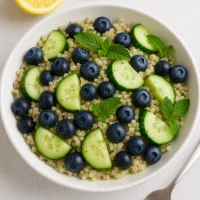 ensalada de quinoa, pepino, blueberries, feta y menta