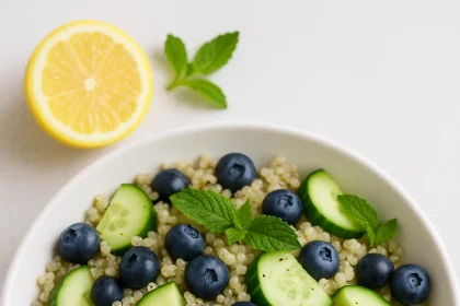 ensalada de quinoa, pepino, blueberries, feta y menta