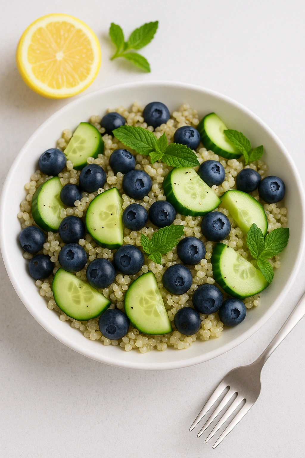 quinoa salad, cucumber, blueberries, feta and mint