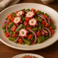 Ensalada de nopalitos con pulpo cocido, jitomate, cebolla morada y cilantro fresco, aderezada con limón y aceite de oliva, servida en plato blanco sobre mesa de madera con decoración mexicana