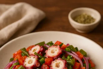 Ensalada de nopalitos con pulpo cocido, jitomate, cebolla morada y cilantro fresco, aderezada con limón y aceite de oliva, servida en plato blanco sobre mesa de madera con decoración mexicana