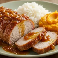 Lomo de cerdo glaseado servido en rebanadas con una salsa brillante de tamarindo y jengibre