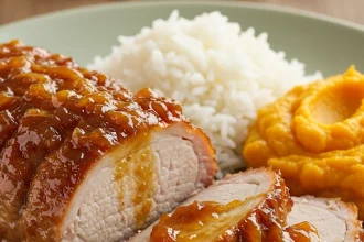 Lomo de cerdo glaseado servido en rebanadas con una salsa brillante de tamarindo y jengibre