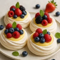 Mini pavlovas de merengue con crema de limón y frutos rojos frescos, decoradas en fuente blanca, luz natural, estilo casero
