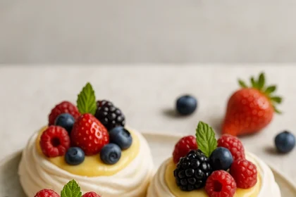 Mini pavlovas de merengue con crema de limón y frutos rojos frescos, decoradas en fuente blanca, luz natural, estilo casero
