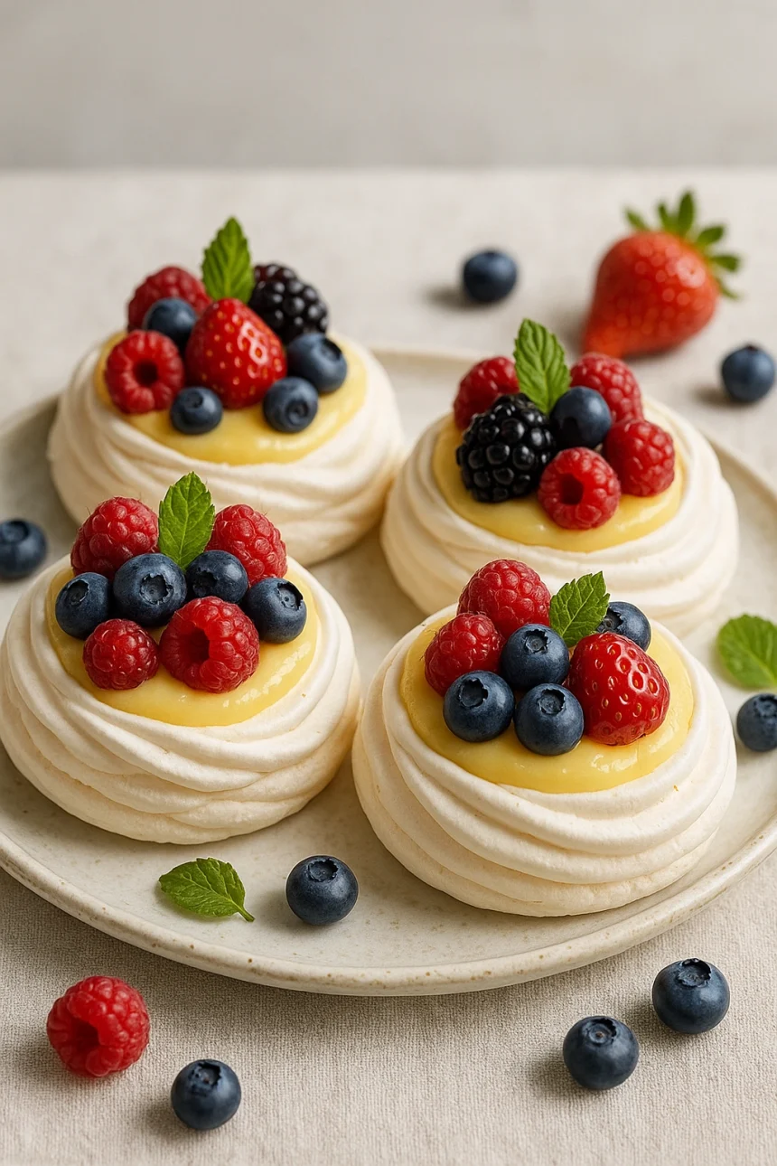 Mini pavlovas de merengue con crema de limón y frutos rojos frescos, decoradas en fuente blanca, luz natural, estilo casero