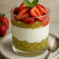 Vaso de parfait de yogur griego, compota de manzana verde y fresas al cardamomo, decorado con nueces y hojas de menta, fondo neutro, estilo casero, luz natural