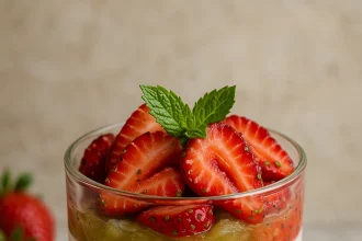 Vaso de parfait de yogur griego, compota de manzana verde y fresas al cardamomo, decorado con nueces y hojas de menta, fondo neutro, estilo casero, luz natural