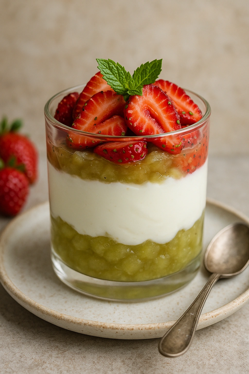 Glass of Greek yogurt parfait, green apple compote and cardamom strawberries, decorated with walnuts and mint leaves, neutral background, homemade style, natural light