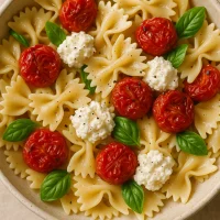 Plato de pasta fría con ricotta fresca y tomates cherry confitados