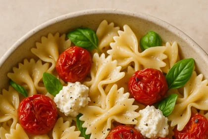 Plato de pasta fría con ricotta fresca y tomates cherry confitados