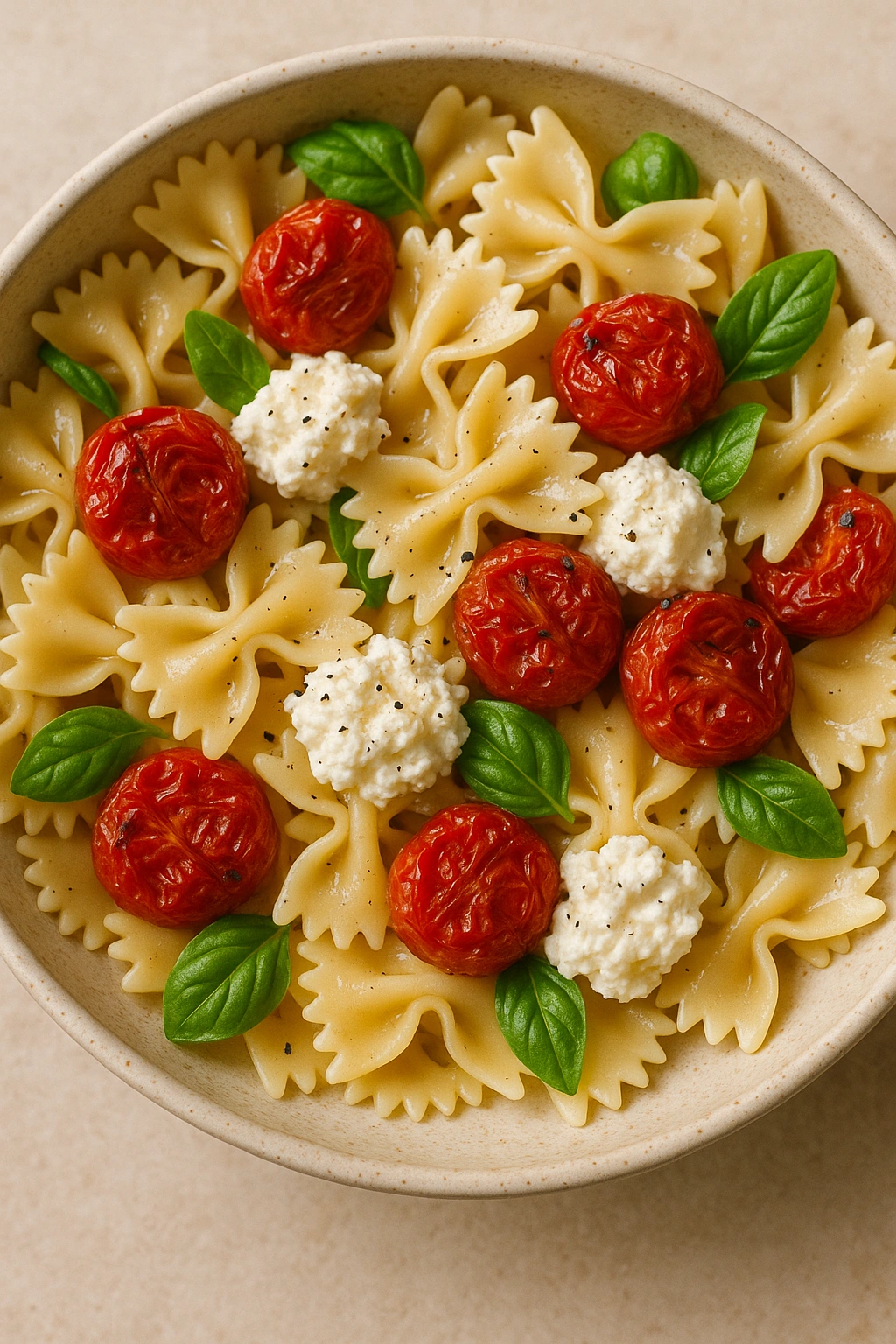 Cold pasta dish with fresh ricotta and confit cherry tomatoes