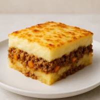 Pastel de Papa Argentino cortado mostrando las capas de puré de papa dorado, relleno de carne molida con huevos duros y queso gratinado en la superficie, servido en plato blanco sobre mesa de madera