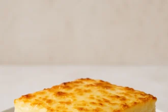 Pastel de Papa Argentino cortado mostrando las capas de puré de papa dorado, relleno de carne molida con huevos duros y queso gratinado en la superficie, servido en plato blanco sobre mesa de madera