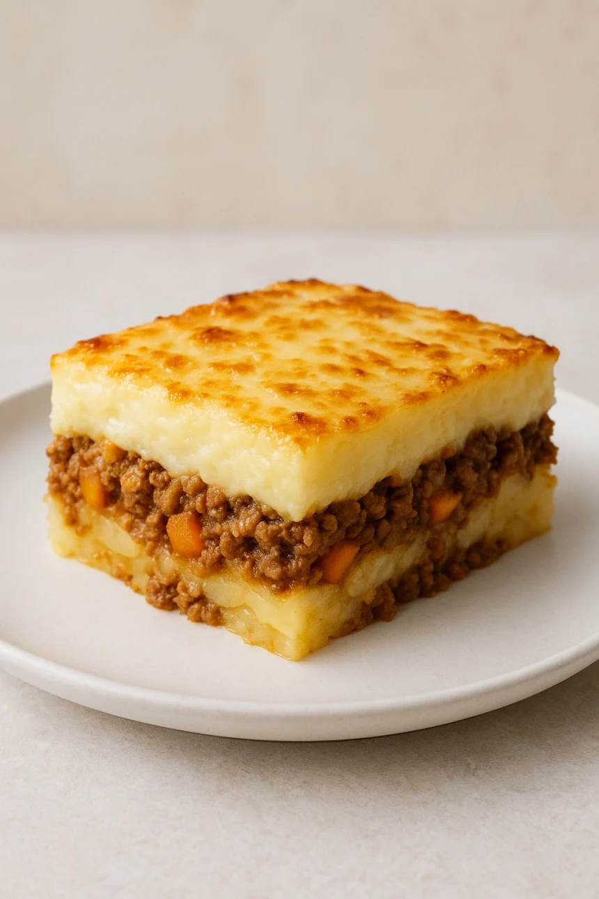 Pastel de Papa Argentino cortado mostrando las capas de puré de papa dorado, relleno de carne molida con huevos duros y queso gratinado en la superficie, servido en plato blanco sobre mesa de madera