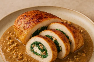 Medallones de pechuga de pollo rellena de espinacas, queso de cabra y nuez, bañados en salsa cremosa de frutos secos, plato blanco, fondo casero, luz natural