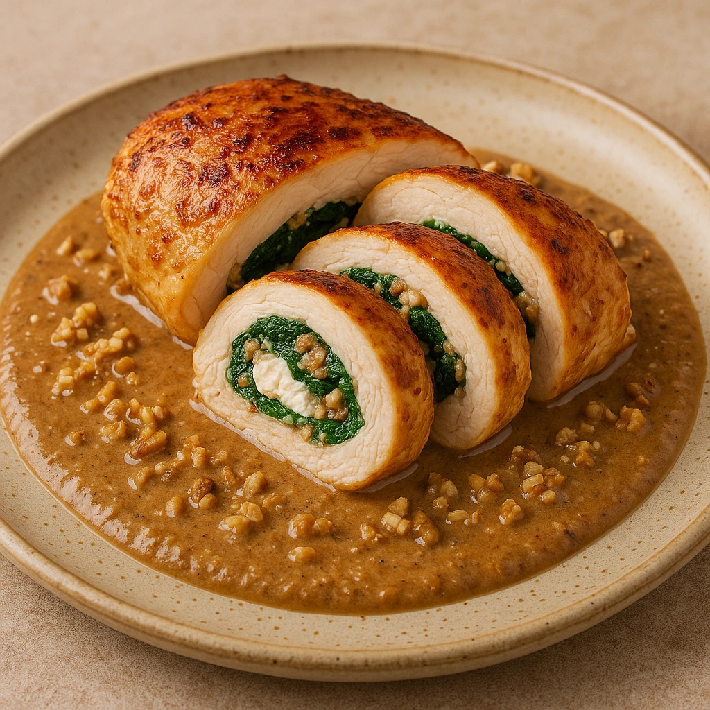 Chicken breast stuffed with spinach, goat cheese and walnut in a nut sauce 16 Chicken breast medallions stuffed with spinach, goat cheese and walnuts, bathed in creamy nut sauce, white plate, homemade background, natural light