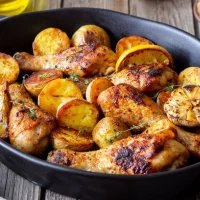 Pollo al Limón y Romero 19 Pollo al limón y romero horneado con papas crujientes doradas, decorado con rodajas de limón fresco y ramitas de romero